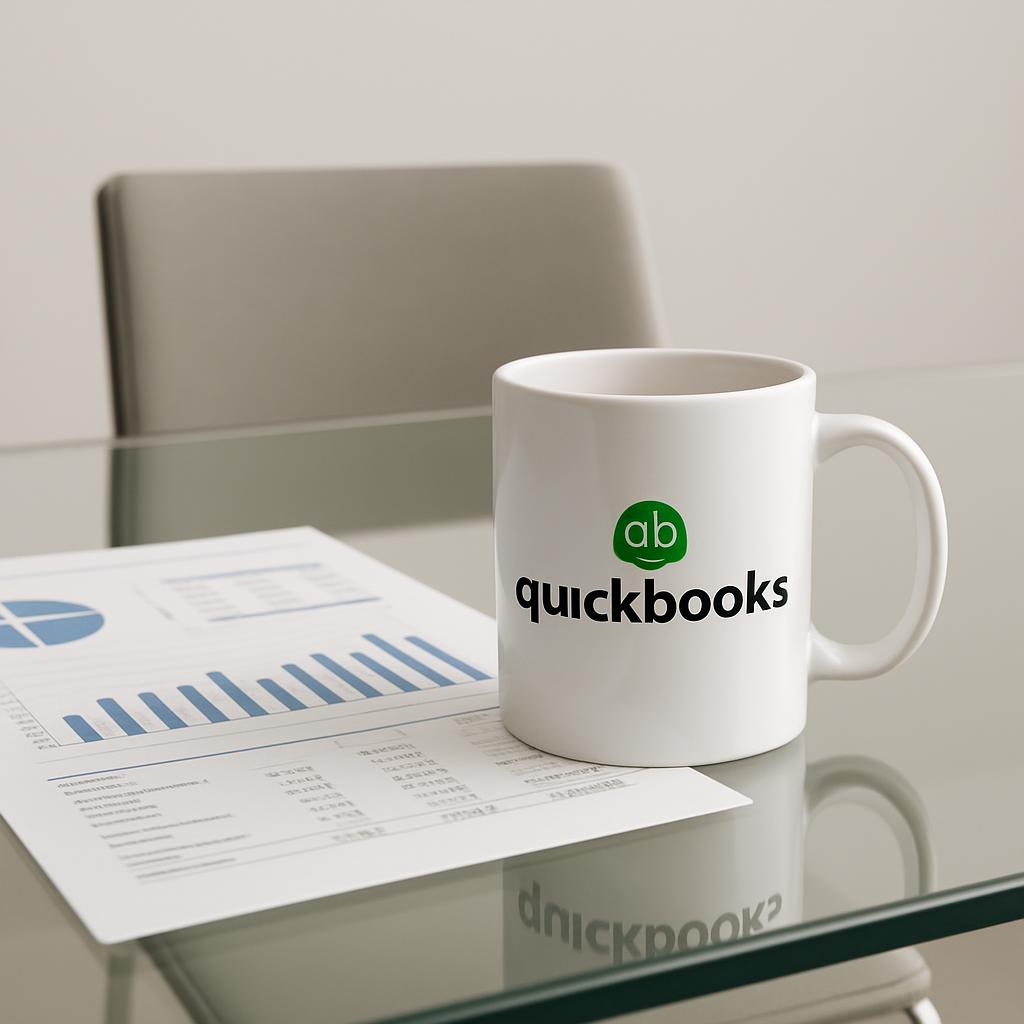 A white mug with a green logo sits on a glass table, accompanied by a document featuring blue bar graphs. The mug displays...