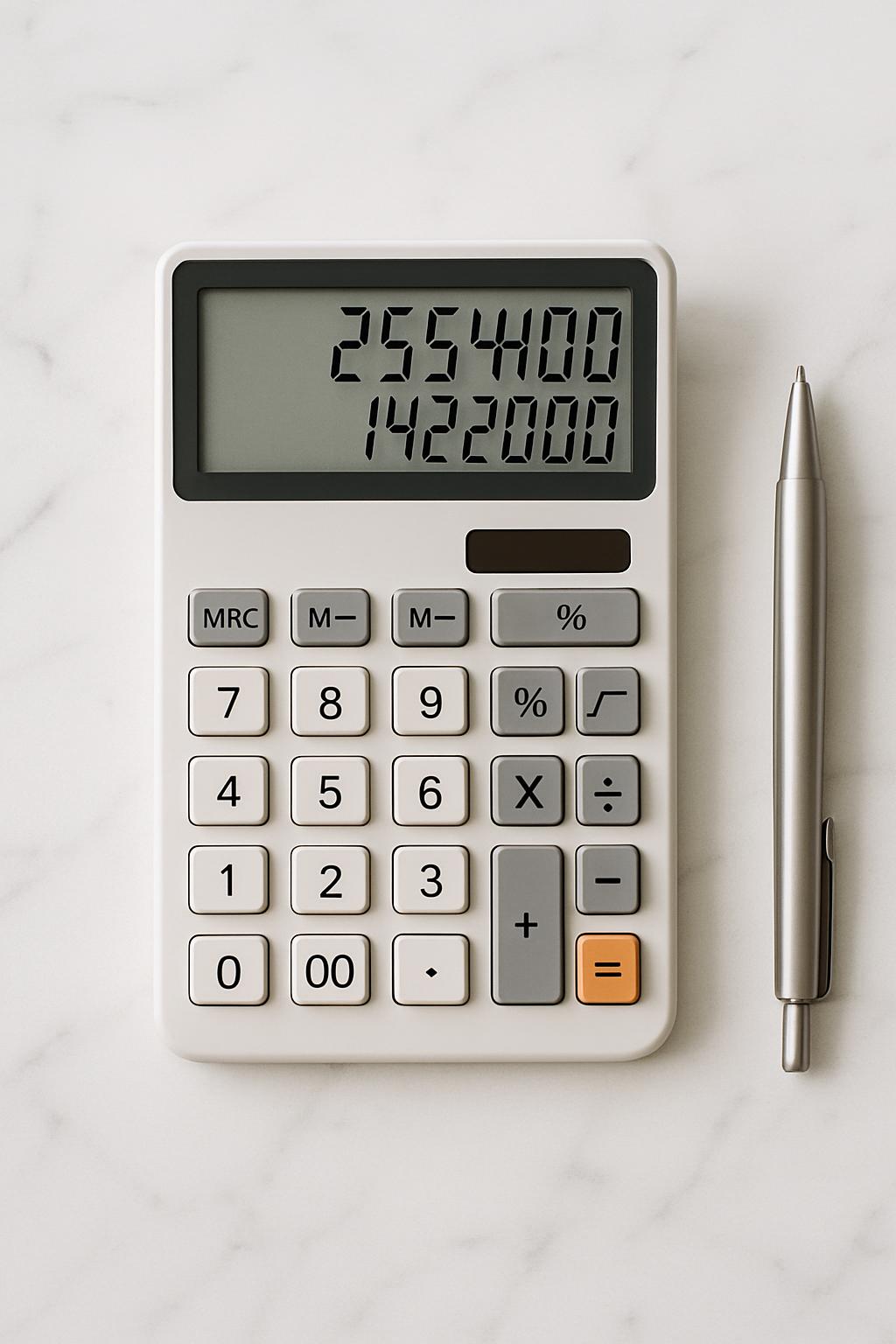 Calculator and pen on a white marble surface.