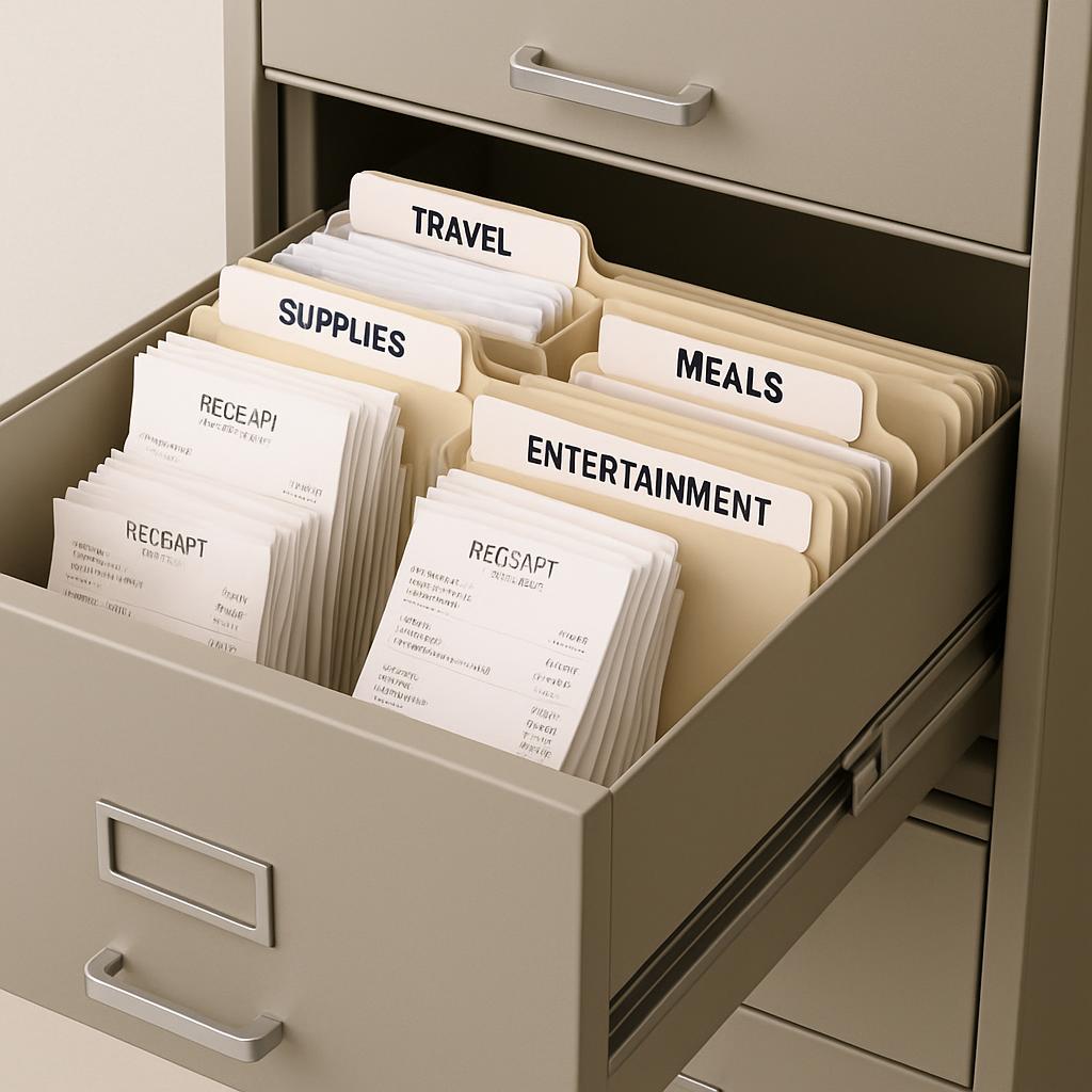 A filing cabinet drawer with various labels and files.