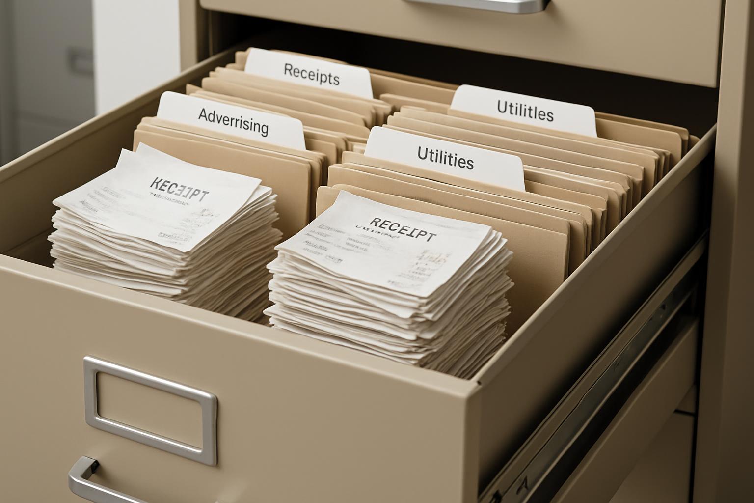 A tan filing cabinet drawer with tan dividers showing "receipts" and "advertising" and "utilities." The inside of a filing...