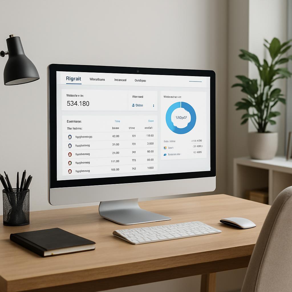 Modern office setting with a computer screen displaying a dashboard in the center.