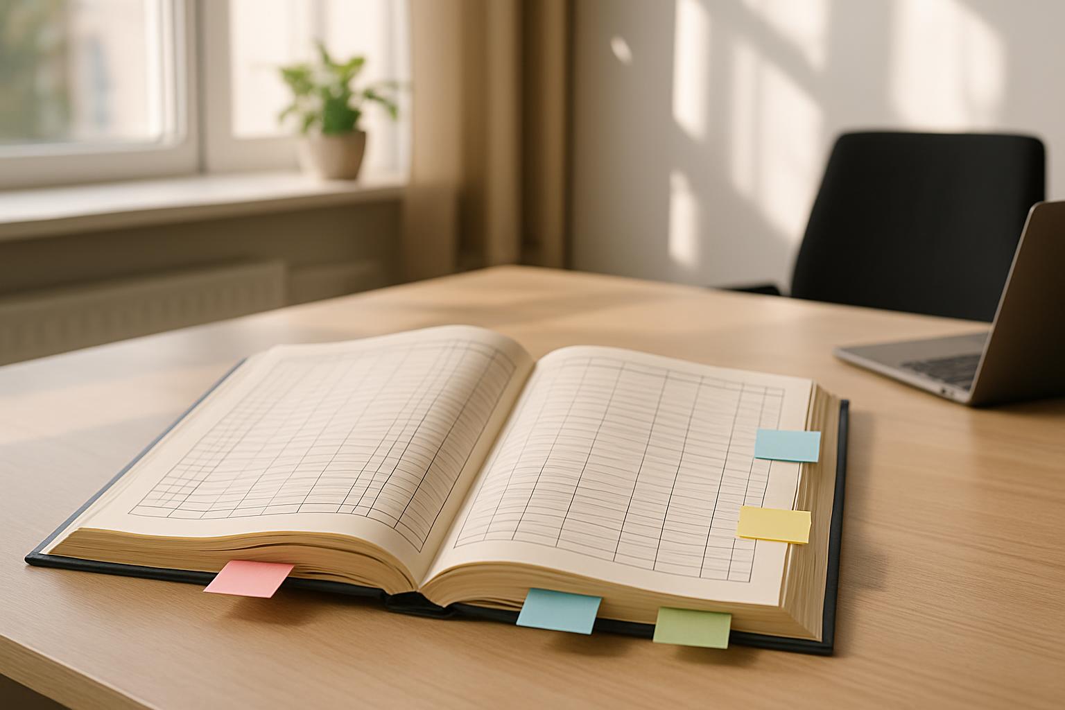 An open book with sticky notes on a desk with a laptop and window in the background.