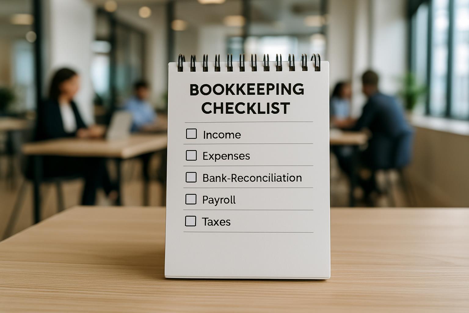 bookkeeping checklist paper on table at an office depicted in blur in the background