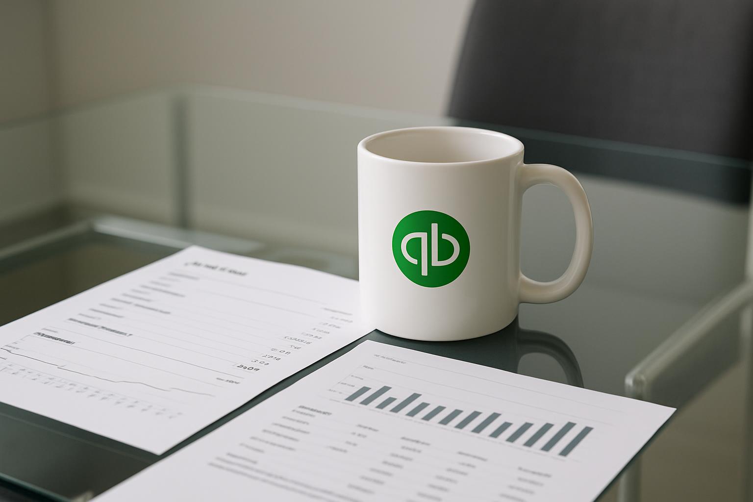 A white coffee mug with a green logo sitting on a glass table desk with papers on it.