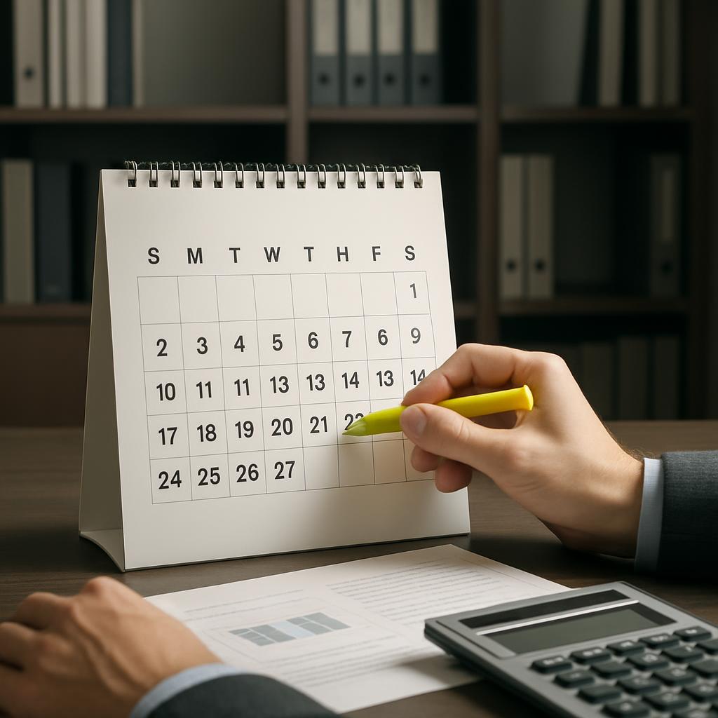 A person sits at a desk, holding a yellow highlighter pen poised over the 23rd day of a calendar.