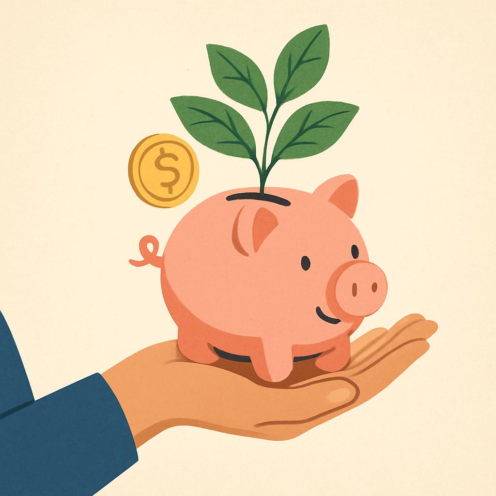 Inspiring financial growth through plant cultivation, personified by a happy pink piggy bank with a small plant sprouting ...