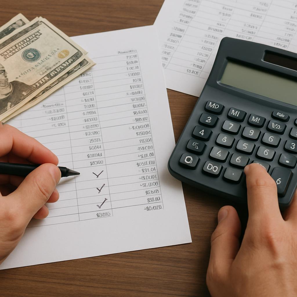 A person checks a handwritten list of transactions by the side of a banknote and calculator.