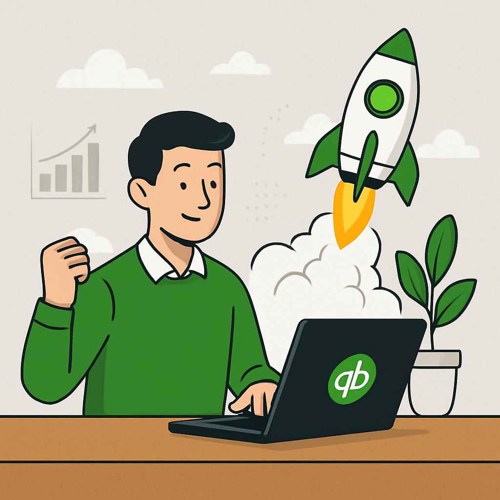 Illustration of a man in a green sweater and white shirt sitting by a laptop, a plant, and a rocket launching in the backg...